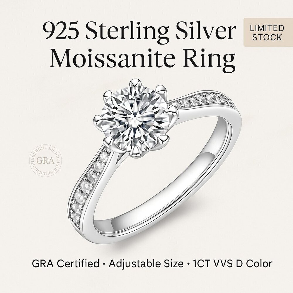 Moissanite Ring 1 CT 925 Sterling Silver Adjustable